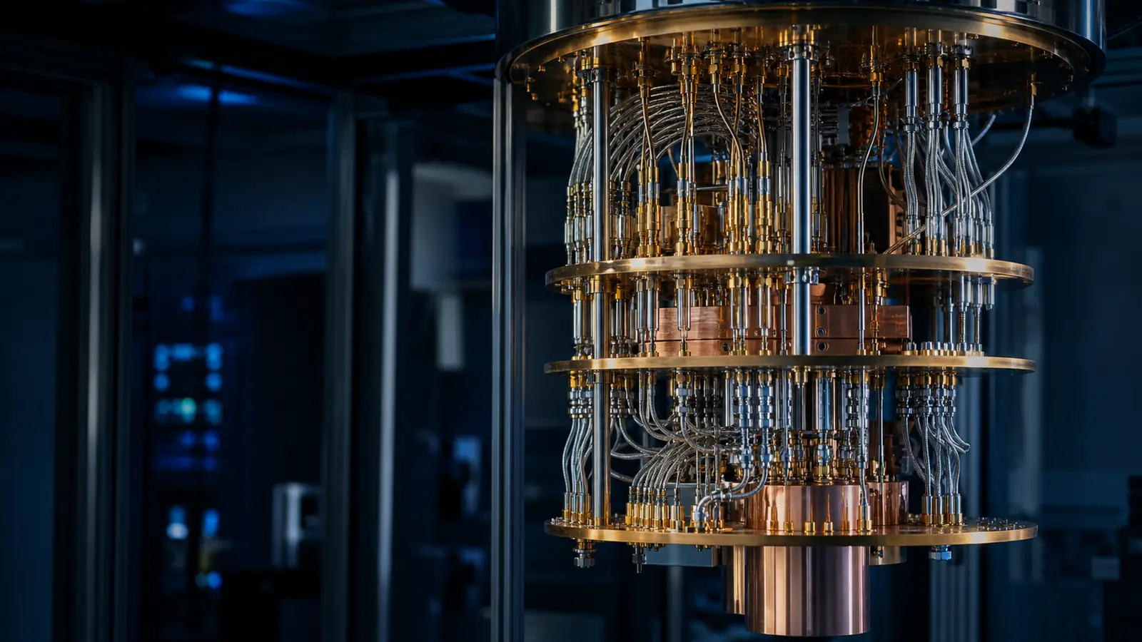 Editorial illustration of a dilution refrigerator with gold, copper, and stainless-steel stages