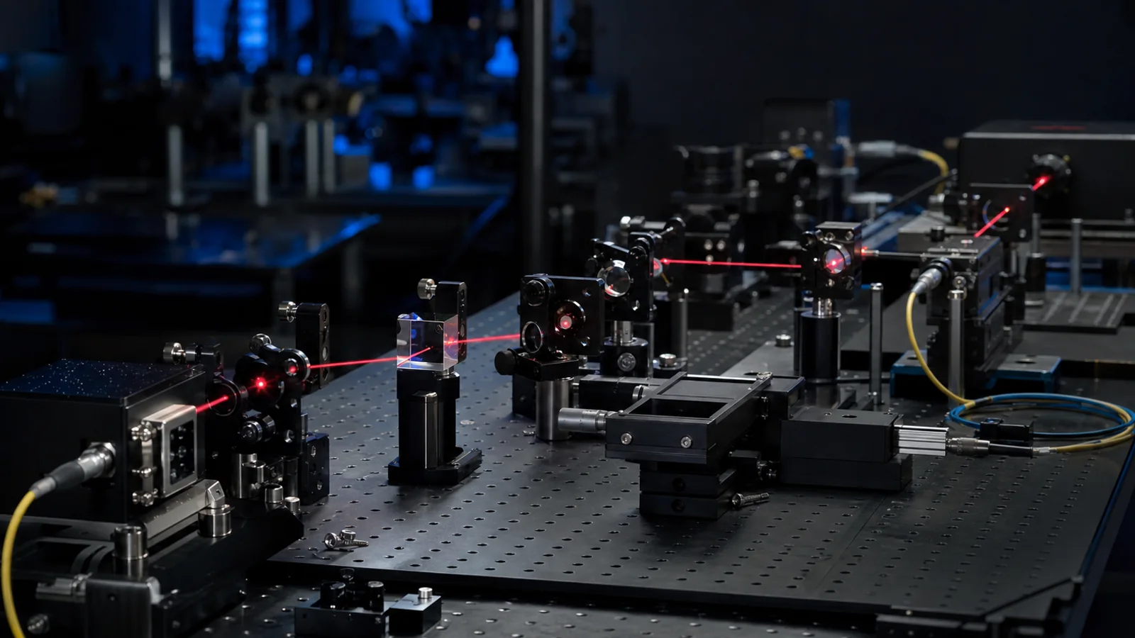 Editorial illustration of precision photonics equipment with a red alignment beam